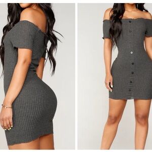 Fashion Nova Off-Shoulder Charcoal Mini Dress